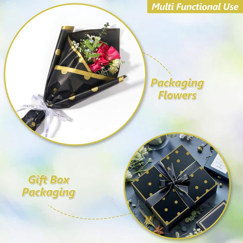 Black Polka Dot Flower Wrapping Paper, Floral Bouquet Wrapping Paper 20 Sheet, Waterproof Korean Bouquet Wrapping Paper, Korean Flores Florist Sup...