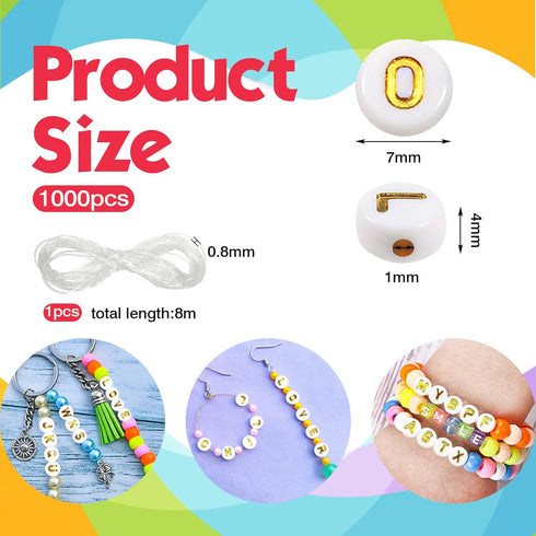 TOAOB 1000pcs White Acrylic Letter Beads 4x7mm Round Alphabet Beads Gold Letter A to Z Beads with Elastic String for DIY Jewelry Making Friendship...