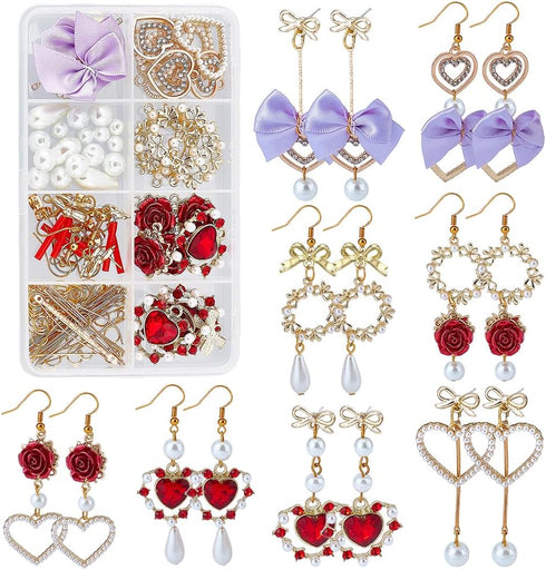 SUNNYCLUE 1 Box 8 Pairs Valentine's Day Rose Charms Baroque Love Charm Earring Making Starter Kit Alloy Red Flowers Rose Pearls Heart Charms for J...