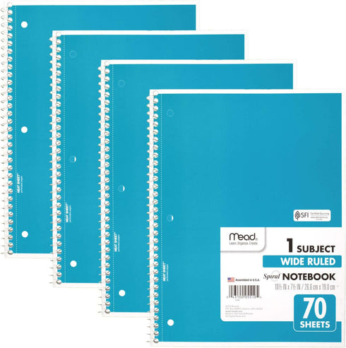Mead Spiral Notebooks, 1 Subject, Wide Ruled Paper, 70 Sheets, 10-1/2 x 7-1/2 inches, Blue, 4 Pack (38400)...