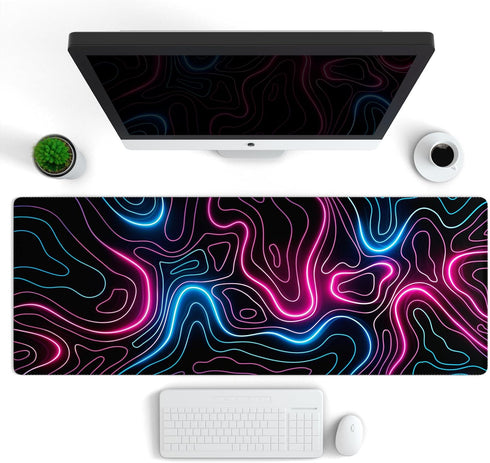 Ovenbird Gaming Mouse Pad with Stitched Edges, Topographic Map Pink Mouse Pad, Extended XL Mousepad with Anti-Slip Base, Cool Neon Large Mouse Pad...