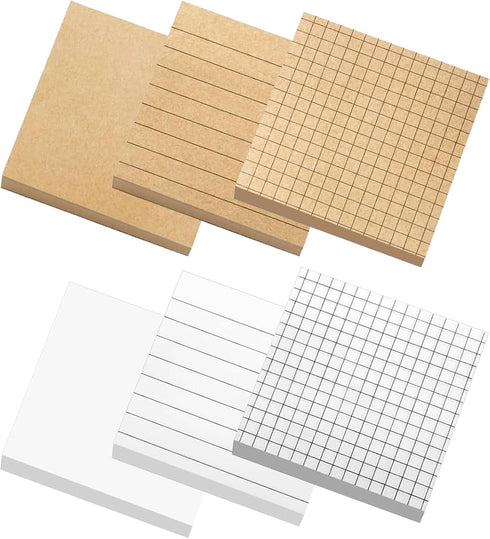 6 Pack Sticky Notes 3x3, Lined Sticky Notes Recyclable Self-Stick Grid Memo Pads, 300 Sheets Cute Sticky Note School and Office Supplies Clean Rem...