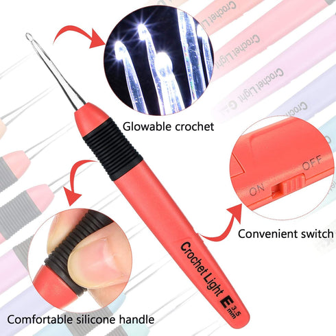9 Pieces Lighted Crochet Hooks with Case LED Light Crochet Hooks Set Knitting Needles Craft Yarn Weaving Needles Comfortable Smooth Handle for Kni...