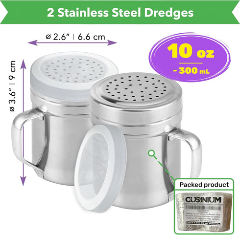 CUSINIUM Metal Salt Pepper Dredge Shakers - With Handle - Seasonings Spice Shakers With Holes and Lids - 10 Ounce, 2pcs | Style: Medium...