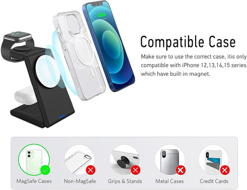 Wireless 3-in-1 Magnetic Charging Station, Qi Certified15W MagSafe-Compatible Wireless Charger Stand, Foldable Charger for iPhone 15/14, AirPods, ...