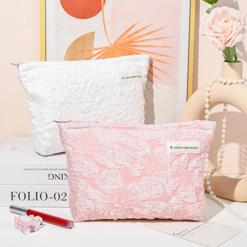 2 Pieces Embossed Pink Flower Makeup Bag Large Floral Cosmetic Bag Capacity Canvas Travel Toiletry Bag Organizer Cute Makeup Brushes Aesthetic Acc...