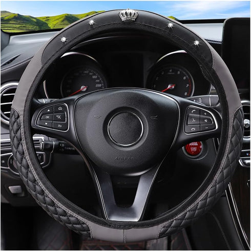 Car Steering Wheel Cover, Bling Diamond Crown Elastic Leather Steering Wheel Protector, Universal 15 Inch, Non-Slip & Breathable, Sparkly Crystal ...