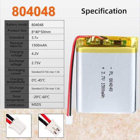 3.7V 1500mAh 804048 Lipo Battery Rechargeable Lithium Polymer ion Battery Pack with JST Connector...