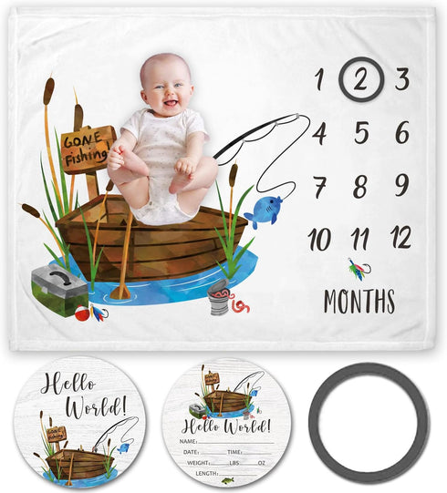 Fishing Baby Milestone Blanket with Birth Stat Sign, Gone Fishing Baby Growth Chart Monthly Blanket, Watch Me Grow Fishing Boat Baby Nursery for N...