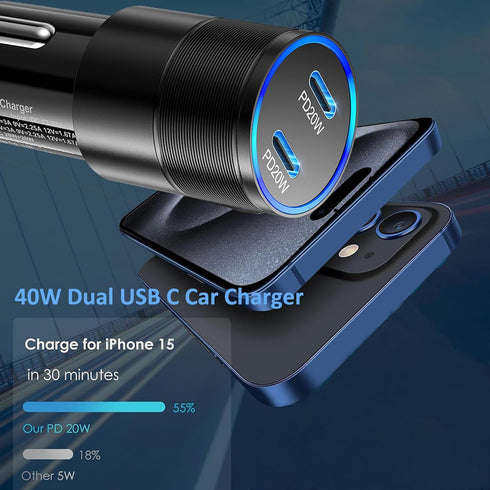 Car Charger for iPhone 15, 40W Dual USB C Fast Car Charger Cigarette Lighter +2 Pack 6FT USB C to USB C Cable+ Dual USB C Wall Charger for iPhone ...