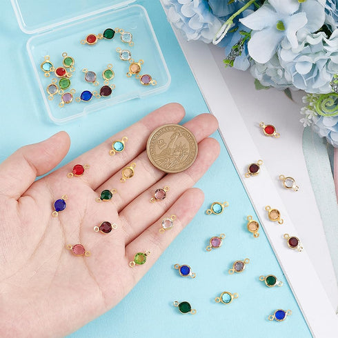 UNICRAFTALE 40pcs 10 Colors 1.5mm Hole 304 Stainless Steel Rhinestone Links Connectors Flat Round Birthstone Links Charm Glass Connector Charms Dr...