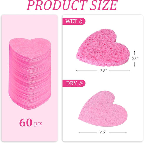 Women 60-Count Compressed Cellulose Heart Shape Face Facial Sponges 100% Natural Cosmetic Sponges for Facial Cleansing Exfoliating Mask Skin Massa...