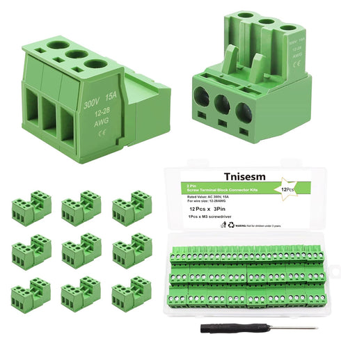 Tnisesm 12Pcs 3 Pin Screw Terminal Block Connector 5.08mm Pitch Pluggable with 3 Pin Phoenix Plug 300V 15A for 28-12AWG Cable...