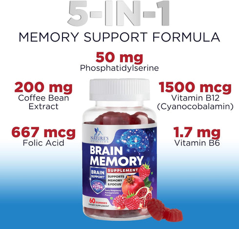 Brain Supplement Gummies for Concentration Memory & Focus Support - Brain Clarity Health with B6 B12, Phosphatidylserine, Coffee Extract, Nootropi...