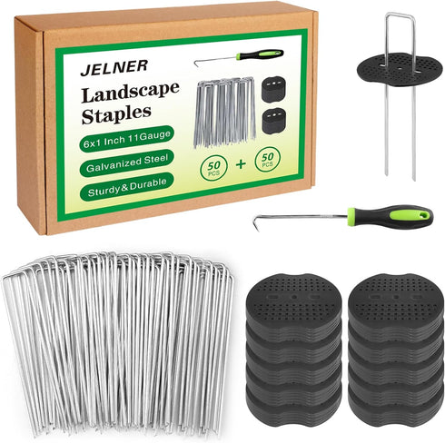 Landscape Stables Set,6 Inch 11 Gauge 50pcs Galvanized Garden Staples and 50pcs Gaskets +1Pick Hook,U-Shaped Tent Stakes Landscaping Fabric SOD Pi...