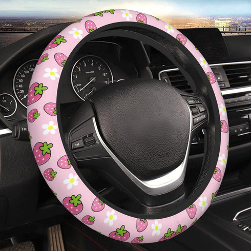 Cute Strawberry Steering Wheel Cover Anti-Slip and Practical 14.5-15 Inch Universal Steering Wheel Cover with 2 Pieces Car Coasters Suitable for M...