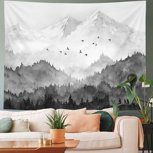 kampdream Mountain Forest Tapestry, Misty Foggy Black and White Tree Landscape Watercolor Art Wall Tapestries, Nature Scenery Tapestry for Bedroom...