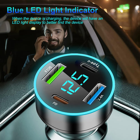 65W Car Charger 4 Port USB Car Charger Adapter PD QC3.0 Cigarette Lighter USB Charger with LED Voltmeter Fast Car Charger Compatible with Samsung ...