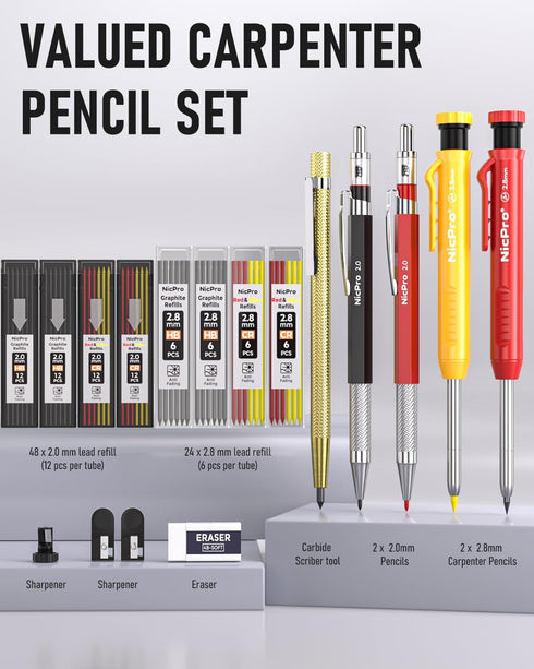Nicpro 18 Pack Carpenter Pencil Set with Sharpener, Mechanical Carpenter Pencils with 76 Refills and Carbide Scribe Tool, Deep Hole Marker, Heavy ...