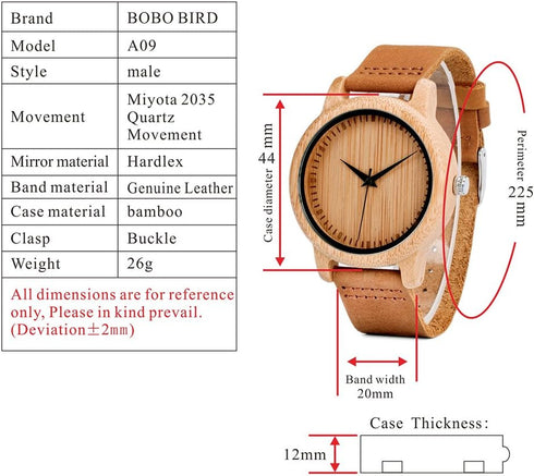 BOBO BIRD Men's Women's Bamboo Wooden Watch with Brown Cowhide Leather Strap Analog Quartz Casual Watches...