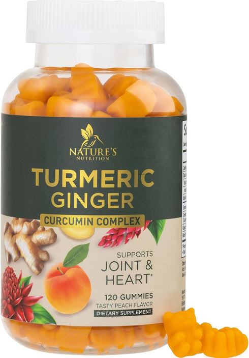 Turmeric Curcumin with Black Pepper Extract & Ginger Gummies, High Absorption Potent 95% Curcuminoids Turmeric Supplement, Nature's Tumeric Curcum...