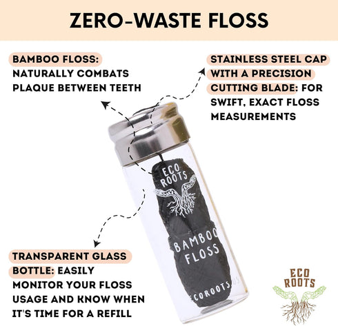 Natural Bamboo Dental Floss: 1 Refillable Glass Container + 3 Biodegradable Bamboo Floss Refill (33 Yards Each), Eco-Friendly, Vegan, Non-Toxic Na...