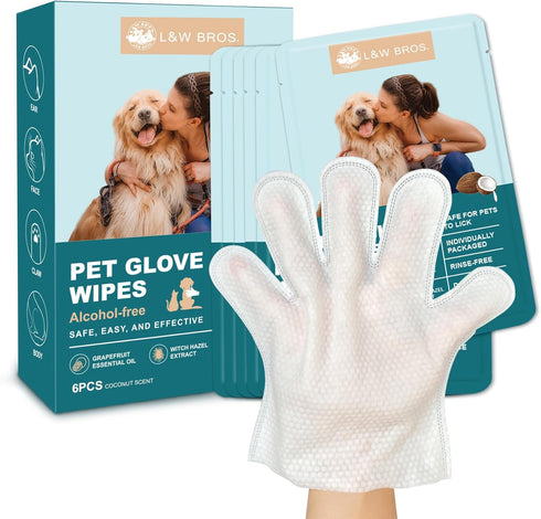 L&W BROS. Dog Wipes Gloves 6 PCS Individually Packaged, Flush-Free, Alcohol-Free, and for Convenient Grooming Cleaning Deodorizing Hypoallergenic ...