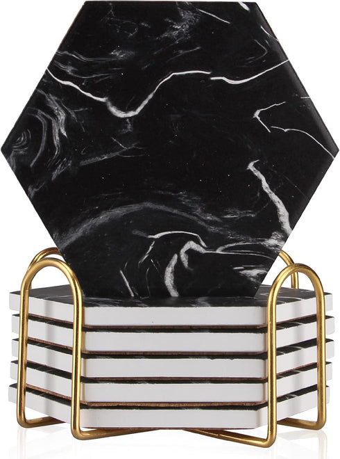 Cool Black Marble Coaster Set with Holder Hexagon Absorbent Coasters Modern Ceramic Coster 6 Pack Best Stone Drink Coaster Beverage Coffee Table D...