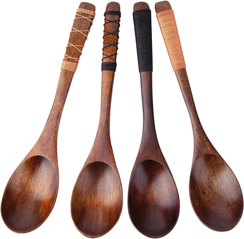 4pc-Handmade Japanese Style Wooden Soup Spoons with Tied Line on Handle...