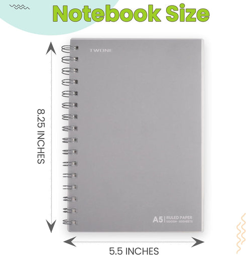 TWONE Small Spiral Notebook, 5.5"x8.25", 160 Ruled Pages, Waterproof Frosted PP Cover, Blue, Ideal for School, Office, and Personal Use...