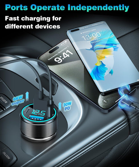 66W USB C Car Charger 4 Port Car Charger Adapter with 30W PD, 3.1A Aluminium Alloy Car Cigarette Lighter USB Charger with LED Voltmeter Compatible...