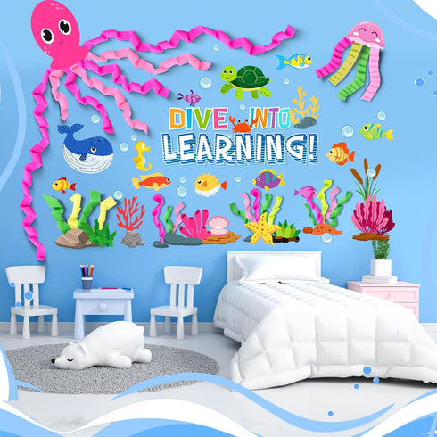 51 Pcs Ocean Bulletin Board Under The Sea Classroom Decorations DIY Sea Animals Octopus Fish Cutouts Dive into Learning Decor for Back to School S...