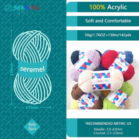 Crochet Yarn, 3PCS 50g/1.76OZ 142yd Acrylic Yarn for Crocheting and Knitting DIY Amigurumi Yarn(Dark Blue)......