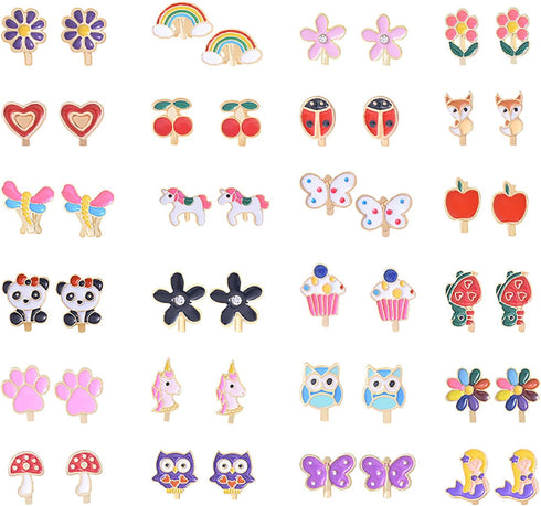 24 Pairs Clip On Earrings Non Piercing Earrings Hypoallergenic Animal Butterfly Rainbow Flower Mixed Color Painless Non-Piercing Earrings Pack...