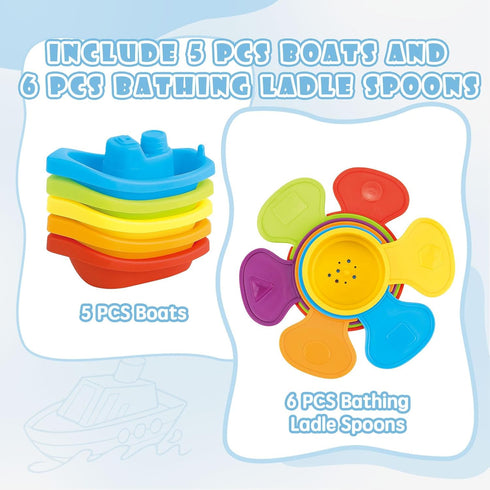Bath Toys Floating Boats with Bathing Spoon, 11 Pack Water Table Bathtub Bath Toy, Water Toys for toddlers 1-3, Baby Pool Toys, Stackable Toys for...
