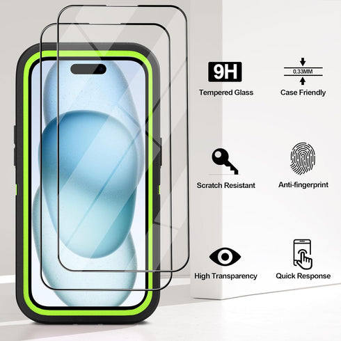 iPhone 15 Case with 2 Pack Screen Protector - Heavy Duty Shockproof Military Grade Drop Protective Full Body Rugged Dust-Proof Cover(Blackgreen).....