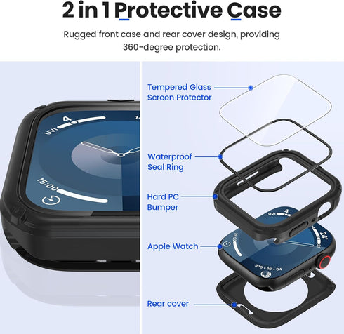 Goton 2 in 1 Waterproof Rugged Case for Apple Watch Series 9 8 7 45mm Screen Protector, 360 Protective Glass Face Cover Hard PC Bumper + Back Fram...