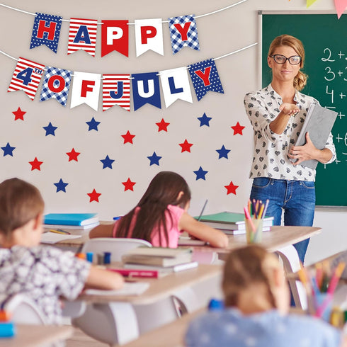 Patriotic Paper Banner 4th of July Bulletin Board Decorations with Red Blue Star Cutouts for Independence Day School Classroom Office Home Decor P...