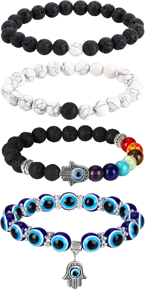 4 Pieces Evil Eye Bracelet Set Hamsa Charm Beaded Bracelets Chakra Charm Stretch Bracelet for Women Teen Girls (Elegant Style)...