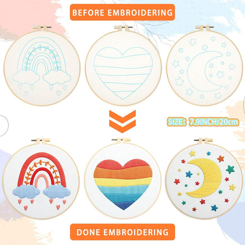 5 Set Embroidery Kit for Beginners Boho Rainbow Cross Stitch with Patterns Embroidery Hoops Instructions Embroidery Floss Needlepoint Kits DIY Adu...