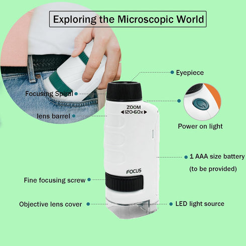 Minilabsters™ Miniscope Kids,60x-180x Led Lighted Pocket Microscope,Pocket Microscope for Kids (Green)...
