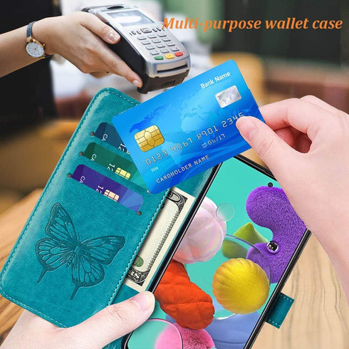 for Samsung Galaxy A51 Case Wallet, Butterfly Floral Embossed, Wrist Strap, Card Holder Slots, Stand Leather Protective Flip Phone Cover (Non 5G V...