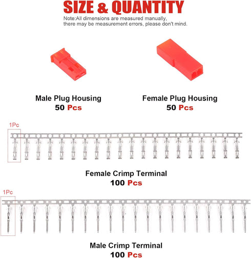Hilitchi 300Pcs (50set) 2.54mm 2-Pin Female & Male Red Plug Housing Crimp Terminal Connector Kit Compatible with JST SYP...