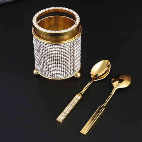 Coffee Spoons Set, Long Handle Stirring Spoons Dessert Spoons Set with Holder, Gold Glass Jar with 6 Spoons, Metal Flatware Set, Creative Tea Spoo...