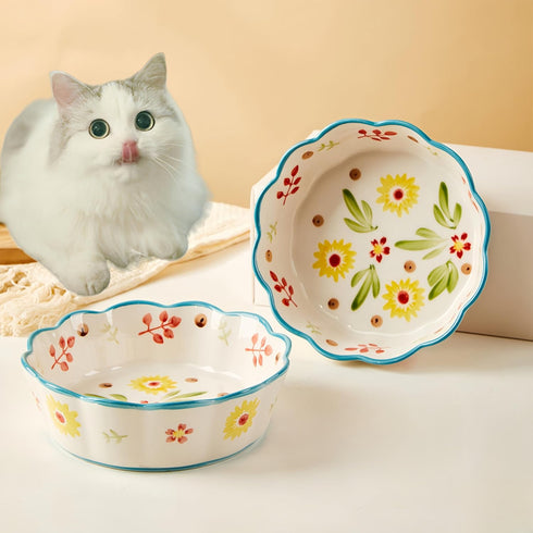 Premium Cat Food Bowl Set of 2, 6” Ceramic Cat Water Bowl, Cute Cat Bowls for Indoor Cats, Shallow Weighted Cat Dishes for Wet Food, Whisker Fatig...