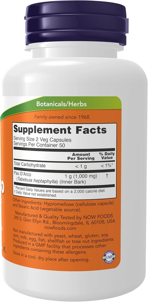 NOW Supplements, Pau D'Arco (Tabebuia heptaphylla) 500 mg, Herbal Support, 100 Veg Capsules...