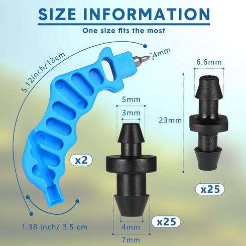 Hestya 2 Pcs 2-in-one Drip Irrigation Tubing Hole Punch and Fitting Insertion Tool and 50 Pcs 1/4" Drip Irrigation Fittings Kit 25 Barbed Connecto...