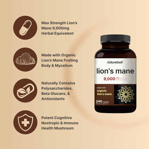 NatureBell Lions Mane Mushroom Supplement Capsules 9,000mg, 240 Capsules | 120 Days Supply – Made with Organic Lion’s Mane Powder Extract – Cognit...