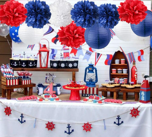 Nautical Party Decor Pom Poms Tissue Paper Lanterns Navy Blue Decorations for Baby Shower Boy Scout Banquet Birthday Party Nursery Decorations Bri...