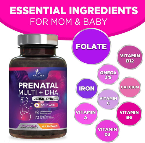Women's Prenatal Multivitamin with Folic Acid + DHA, Prenatal Vitamin Supplement for Fetal Support w/ Folate, Omega 3, Vitamins D3, B6, B12 & Iron...